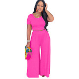 Fashion Solid Women Summer Short Sleeve Crop Tops Loose Long Wide Leg Pants Two Piece Set XMY-9318