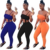 Sexy Solid Color Drawstring Spaghetti Strap Wrap Chest Crop Top Pleated Stacked Pants 2 Piece Set  WYP-8982