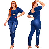 Summer 2021 Vintage Washed Hollow Ripped Square Collar Puff Short Sleeve Women Denim Jumpsuits LX-6909