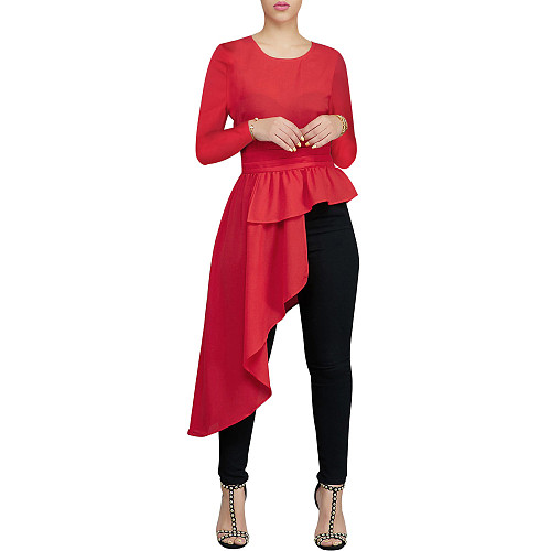 2021 Autumn Women Party Clothes Solid Color Bodycon Long Sleeve O Neck Irregular Ruffle Tops Blouse FSX-290
