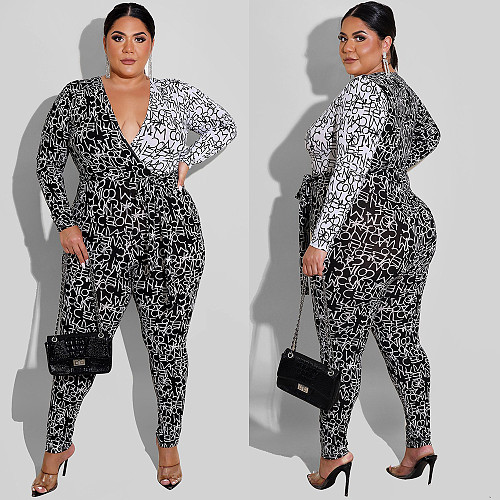 Graffiti Printing Hipster Women Sexy Deep V Neck Long Sleeve Streetwear Plus Size One Piece Jumpsuits FSX-282