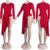 2021 Autumn Women Party Clothes Solid Color Bodycon Long Sleeve O Neck Irregular Ruffle Tops Blouse FSX-290