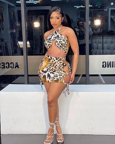 Fashion Streetwear Leopard Print Halter Crop Top Lace-Up Hollow Out Mini Skirt Women Summer 2 Piece Sets SD-27127