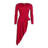 2021 Autumn Women Party Clothes Solid Color Bodycon Long Sleeve O Neck Irregular Ruffle Tops Blouse FSX-290