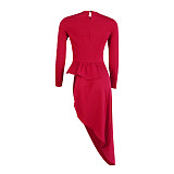 2021 Autumn Women Party Clothes Solid Color Bodycon Long Sleeve O Neck Irregular Ruffle Tops Blouse FSX-290