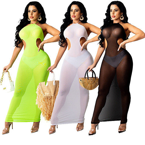 2021 Summer Sexy Solid Color Mesh See Through Halter Hollow Out Backless Bodycon Club Maxi Dress SD-26125