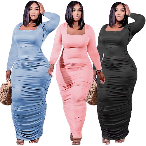 Plus Size Women Clothes Solid Color Long Sleeve Square collar Elegant Autumn Bodycon Pleated Maxi Dress XY-9113