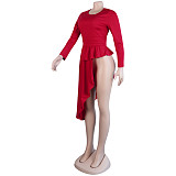 2021 Autumn Women Party Clothes Solid Color Bodycon Long Sleeve O Neck Irregular Ruffle Tops Blouse FSX-290