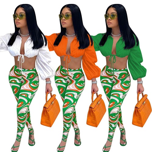 Hot Style Women Lantern Sleeve Lace Turn Down Collar Crop Tops High Waist Pencil Pants 2 Piece Sets MEM-88380