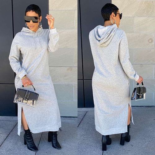 2021 Autumn Solid Color Warm Long Sleeve Hooded Casual Hoodies Long Sweatshirt Maxi Dresses ORY-5201