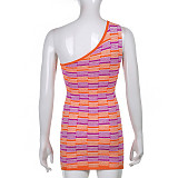 2021 New Style Sexy Slant Shoulder Sleeveless Contrast Color Woolen Bag Hip Party Bodycon Mini Dress OYW-71754