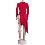 2021 Autumn Women Party Clothes Solid Color Bodycon Long Sleeve O Neck Irregular Ruffle Tops Blouse FSX-290