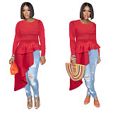 2021 Autumn Women Party Clothes Solid Color Bodycon Long Sleeve O Neck Irregular Ruffle Tops Blouse FSX-290