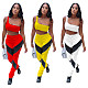 Sexy One Shoulder Sleeveless Crop Top Leather Patchwork Long Pants Women Activewear Two Piece Set YUM-9082