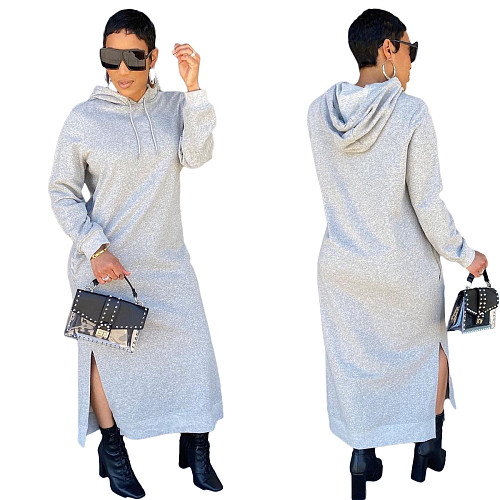 2021 Autumn Solid Color Warm Long Sleeve Hooded Casual Hoodies Long Sweatshirt Maxi Dresses ORY-5201