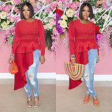 2021 Autumn Women Party Clothes Solid Color Bodycon Long Sleeve O Neck Irregular Ruffle Tops Blouse FSX-290
