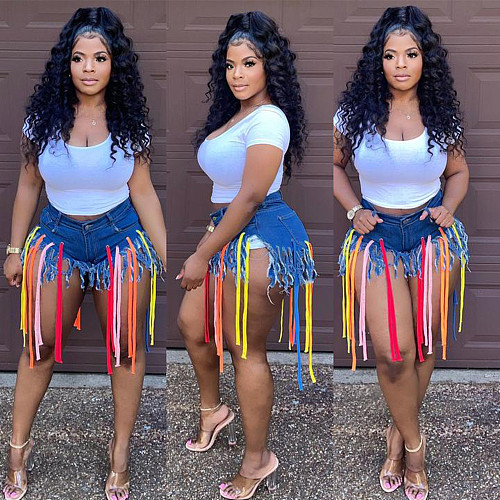Women Summer 2021 New Streetwear High Waist Tassel Drawstring Hole Ripped With Pocket Denim Shorts CN-0151