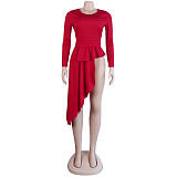 2021 Autumn Women Party Clothes Solid Color Bodycon Long Sleeve O Neck Irregular Ruffle Tops Blouse FSX-290