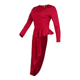 2021 Autumn Women Party Clothes Solid Color Bodycon Long Sleeve O Neck Irregular Ruffle Tops Blouse FSX-290
