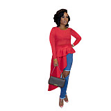 2021 Autumn Women Party Clothes Solid Color Bodycon Long Sleeve O Neck Irregular Ruffle Tops Blouse FSX-290