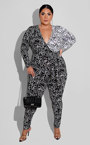 Graffiti Printing Hipster Women Sexy Deep V Neck Long Sleeve Streetwear Plus Size One Piece Jumpsuits FSX-282