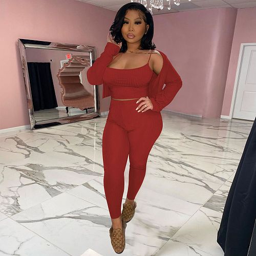 Fashion Women Clothing Solid Color Long Sleeve Cardigan Spaghetti Strap Crop Top Pants 3 Piece Set FOS-8093