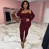 Fashion Women Clothing Solid Color Long Sleeve Cardigan Spaghetti Strap Crop Top Pants 3 Piece Set FOS-8093
