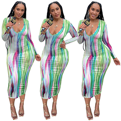 2021 Sexy Women Tie Dye Striped Print Long Sleeve Deep V-Neck Autumn Bodycon Long Maxi Dress MEY-20768