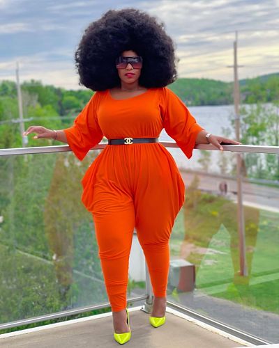 Women Plus Size Solid Color O Neck Short Sleeve Summer Casual Street One Piece Loose Harem Jumpsuits HEJ-6084