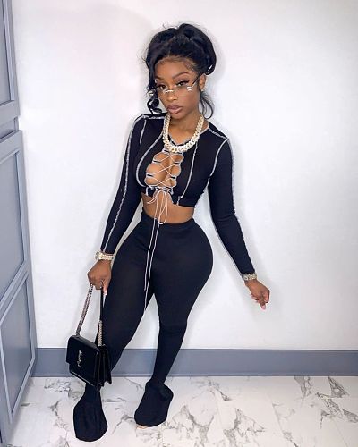 Sexy Patchwork Women Hollow Out Lace Up Bandage Long Sleeve Crop Top Flare Pants Bodycon Two Piece Set HMS-5497