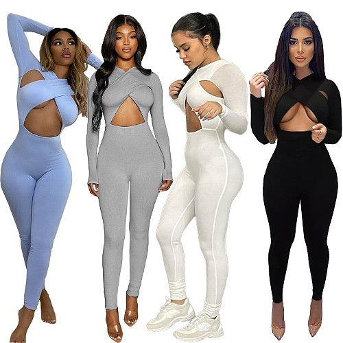 Casual Solid Color Fitness Cut Out Criss Cross Long Sleeve Loungewear Bodycon Womens Jumpsuit MDF-5254