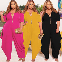 Plus Size Casual Women Summer Solid Color Half Sleeve Zipper O Neck Loose Harlan Jumpsuit LP-66305