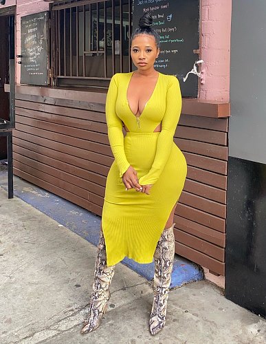 Elegant 2021 Autumn Clothes Solid Hollow Out Women Long Sleeve Sides Slit Bodycon Club Maxi Dress LP-66309