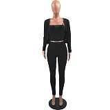 Fashion Women Clothing Solid Color Long Sleeve Cardigan Spaghetti Strap Crop Top Pants 3 Piece Set FOS-8093