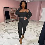 Fashion Women Clothing Solid Color Long Sleeve Cardigan Spaghetti Strap Crop Top Pants 3 Piece Set FOS-8093