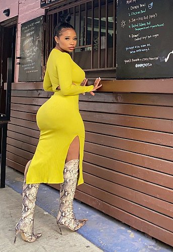 Elegant 2021 Autumn Clothes Solid Hollow Out Women Long Sleeve Sides Slit Bodycon Club Maxi Dress LP-66309