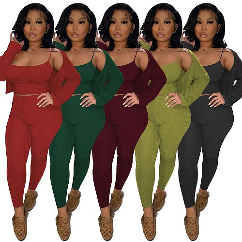 Fashion Women Clothing Solid Color Long Sleeve Cardigan Spaghetti Strap Crop Top Pants 3 Piece Set FOS-8093
