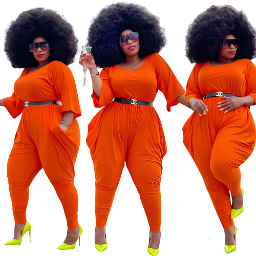 Women Plus Size Solid Color O Neck Short Sleeve Summer Casual Street One Piece Loose Harem Jumpsuits HEJ-6084