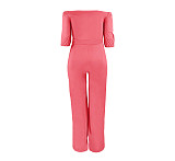 Women Plus Size Solid Color Short Sleeve Off Shoulder Bandage One Piece Wide Leg Jumpsuits ASL-7050