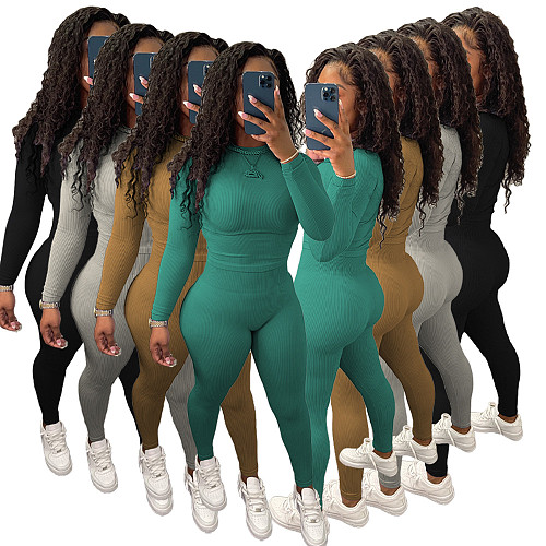Solid Knitted Long Sleeve O Neck Skinny T-Shirts Leggings Women Autumn Streetwear Two Piece Set ANDI-0701