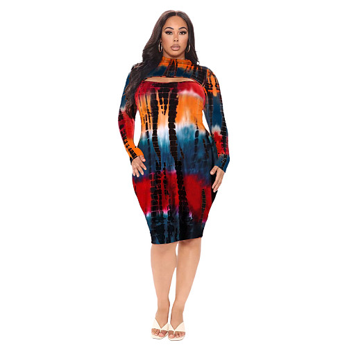Plus Size Women Clothing Long Sleeve Cut Out Sexy Tie Dye Party Outfts Club Bodycon Midi Dress ASL-7038