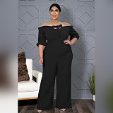 Women Plus Size Solid Color Short Sleeve Off Shoulder Bandage One Piece Wide Leg Jumpsuits ASL-7050