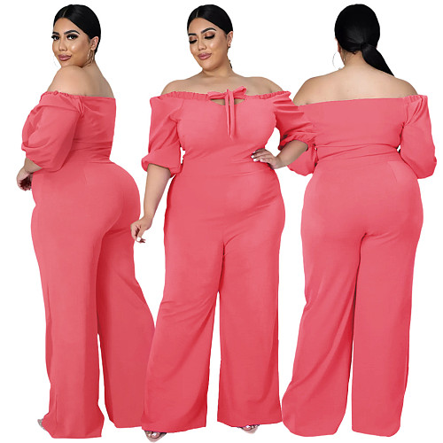Women Plus Size Solid Color Short Sleeve Off Shoulder Bandage One Piece Wide Leg Jumpsuits ASL-7050