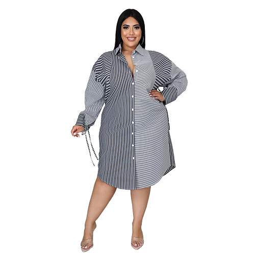 Plus Size Autumn Women Clothes Vintage Long Sleeve Lapel Collar Button Up Striped Shirt Midi Dress ASL-7039