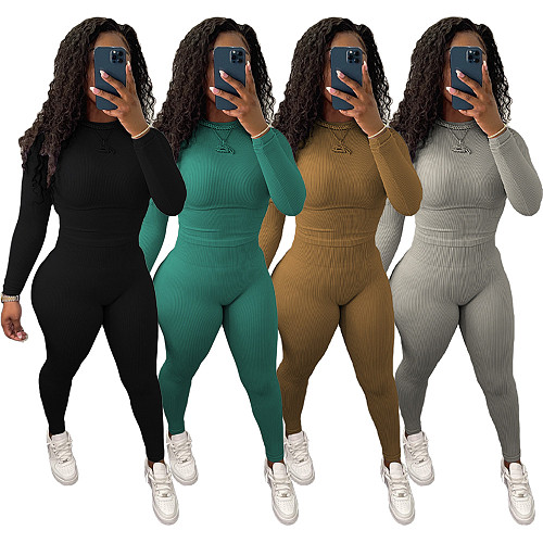 Solid Knitted Long Sleeve O Neck Skinny T-Shirts Leggings Women Autumn Streetwear Two Piece Set ANDI-0701