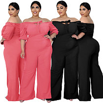 Women Plus Size Solid Color Short Sleeve Off Shoulder Bandage One Piece Wide Leg Jumpsuits ASL-7050