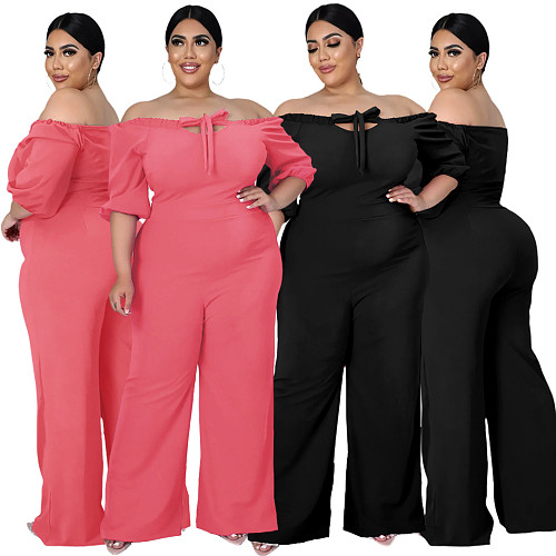 Women Plus Size Solid Color Short Sleeve Off Shoulder Bandage One Piece Wide Leg Jumpsuits ASL-7050