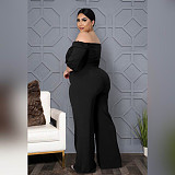 Women Plus Size Solid Color Short Sleeve Off Shoulder Bandage One Piece Wide Leg Jumpsuits ASL-7050