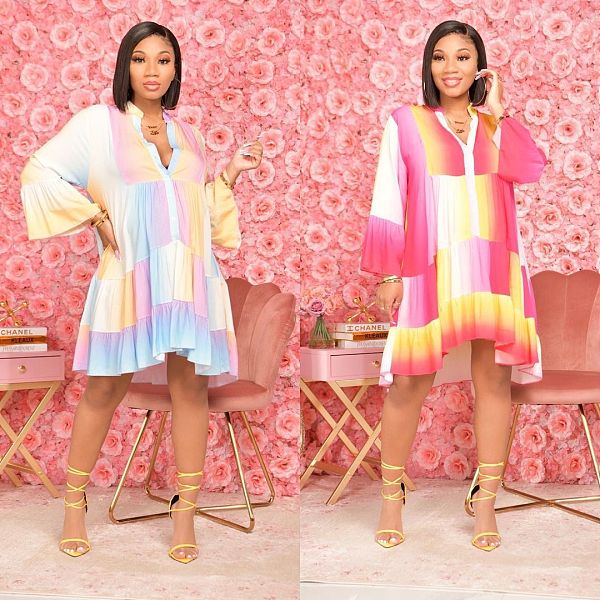 Sexy Gradient Color Summer Women Long Sleeve Ruffles Loose Bohemian Beach Casual Midi Dresses TK-6193