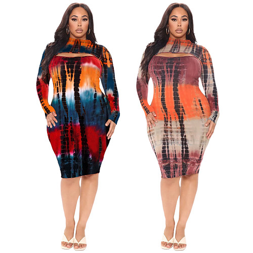 Plus Size Women Clothing Long Sleeve Cut Out Sexy Tie Dye Party Outfts Club Bodycon Midi Dress ASL-7038